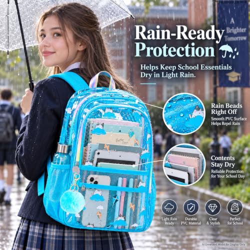 AGSDON Serene Sky Blue Clear Bookbag – Cloud Cat-Print See Through Backpack for Girls Set with Rainbow Strap, Heavy Duty 17" Women Transparent School Bag & Pouch - color: Clear Backpack Set - Cloud Cat Blue
