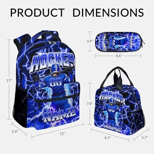UNIKITTY Boys Hockey Backpack Set with Lunch Box & Pencil Case, Personalized Ice Hockey School Backpack 17 Inch Large Capacity, Water Resistant for Kids Teens - color: Blue
