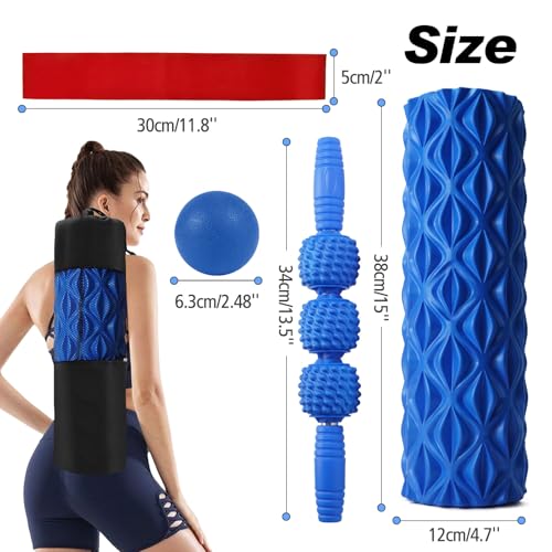 JOYENERGY 5 in 1 Foam Roller Set Trigger Point Foam Roller, Massage Roller Stick, Massage Ball, Stretching Strap for Deep Muscle Massage Pilates Yoga, Fitness Exercise for Whole Body (Blue Diamond) - color: Blue Diamond