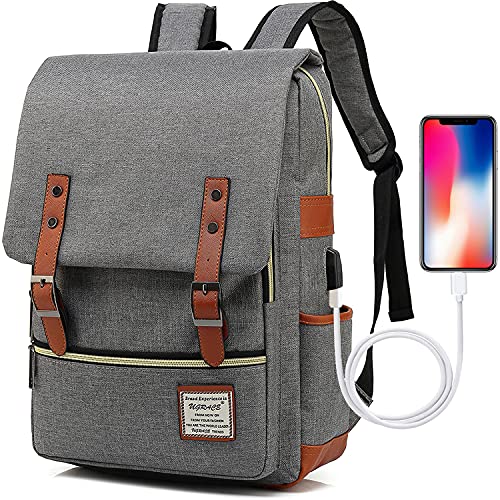 UGRACE Laptop Backpack, Grey, Unisex, 15.6" Laptop Compartment, 6 Compartments, USB Charge Port, Adjustable Shoulder Strap, PU Leather Belt - color: Grey
