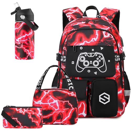 Scothen Boys Backpack, Cool Luminous Gamer School Backpacks for Boys with 14oz Insulated Water Bottle Lunch Bag Pencil Case, Kids Backpack Book Bags for Kindergarten Elementary Middle School - color: Red Lightning