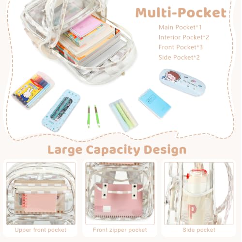 ACESAK Clear Backpack for Girls - 3 Pcs Clear Backpack Heavy Duty with Lunch Bag - See Through Bookbag Stadium Approved for Kids Middle High College School(Beige Checkerboard) - color: Beige Checkerboard