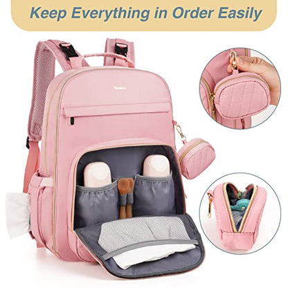 MOMUVO Diaper Bag Backpack, Quilted Baby Bag with Changing Pad & Stroller Straps & Pacifier Case, Large Travel Diaper Bags for Mom Dad, Pink - color: Pink