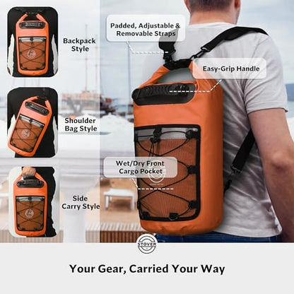 STOVER 5/10/25/30/40/55L Waterproof Dry Bag- Roll-Top Backpack w/Phone Case- Kayaking, Hiking, Camping, Boating- Men/Women - color: 25l Orange (With Phone Case), size: 25L