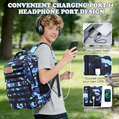 Camo Backpack for Boys, Tactical Boys Backpack with Lunch Box Pencil Case, Kids Backpacks with USB Charging Port, Military Army School Bookbag for Teen Boy Elementary Middle High School Camp - color: Black-blue