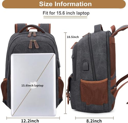 Canvas Travel Laptop Backpack for Men Women, business Work Rucksack College School Computer Bag Fits 15.6 Inch Laptop, Bookbag with USB Charging Port （Black）