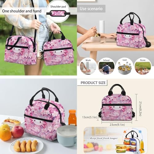 Flashideas Cherry Blossom Axolotl Backpack for Girls Kids Backpack with Lunch Box 32 oz Water Bottle and Water Bottle Holder 4Pcs Set 17" Large Capacity Elementary Bookbag with Compartments for School - color: Cherry Blossom Axolotl-7