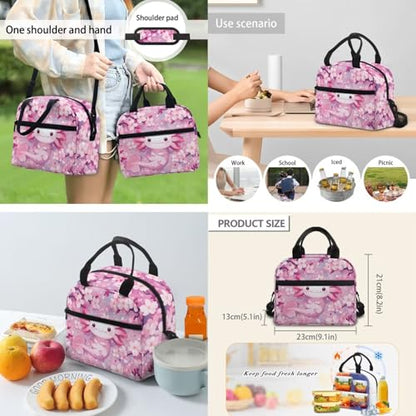 Flashideas Cherry Blossom Axolotl Backpack for Girls Kids Backpack with Lunch Box 32 oz Water Bottle and Water Bottle Holder 4Pcs Set 17" Large Capacity Elementary Bookbag with Compartments for School - color: Cherry Blossom Axolotl-7