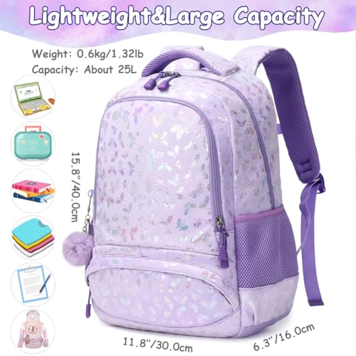 Meisohua Girls Backpack Elementary School Bags for Girls Bookbags for Kids Preschool Kindergarten Primary Kids Backpacks with Chest Strap - color: Furry Butterfly Purple