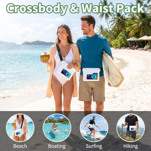 Waterproof Dry Bag Set 2 Pcs: White 9.8" Clear Fanny Pack with Black Waterproof Phone Case -7" Phone Pouch, IPX8 Floating Water Proof Belt Bag with Adjustable Strap for Cruise Beach Swim Essentials - color: White fanny pack + Phone pouch 7"