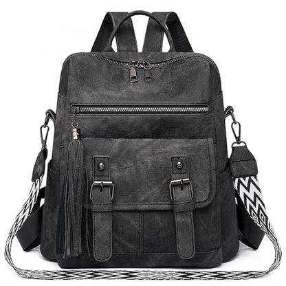 Fashion PU Leather Backpack Purse for Women Travel Backpack Bag with Tassel Ladies Shoulder Handbags Casual Daypack - color: Black