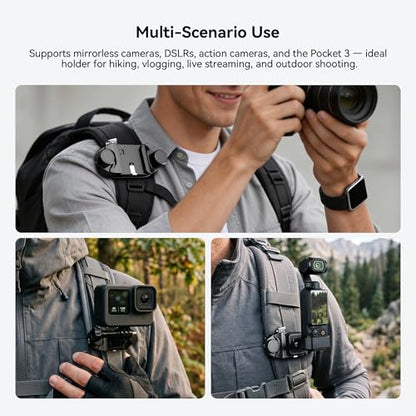 Camera Backpack Clip, Dual-Lock Arca Quick Release for Hands-Free Hiking, Metal Holster for DSLR & Mirrorless with Action Cam & Pocket 3 Mounts, 66lb Load, Fits 75mm Straps - color: Black