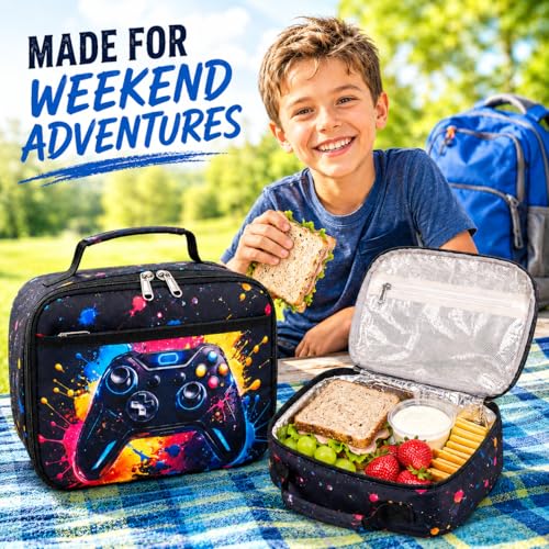LEDAOU Lunch Box Kids Insulated Lunch Bag Girls Boys Toddler Reusable Lunchbox for School Picnic Hiking (Graffiti game console pattern) - color: Graffiti game console pattern