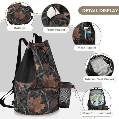 Drawstring Gym Sackpack With Pockets Drawstring Backpacks with Wet Dry Compartments Camouflage Maple Leaf Rain Brown Black