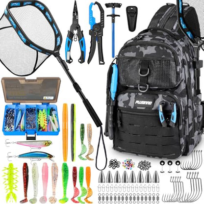 PLUSINNO Fishing Backpack with Fishing Gear Fishing Net, Waterproof Tackle Backpack with Rod Holders, Tackle Box, Lures, Tools, Pliers & Accessories, Fish Gifts for Men - color: Fishing Backpack with Fishing Net