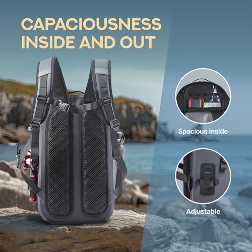 Xelfly Waterproof Fishing Backpack G2 with Rod Holder, Inflatable Air Valve, Padded Waist Straps & Gear Loops - Submersible Zipper, Rugged Top Handle, Adjustable Attachments (Gray) - color: Gray, size: G2 Backpack