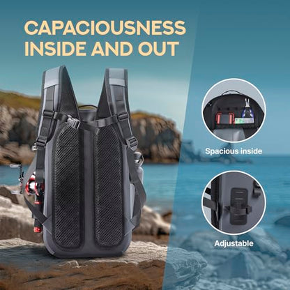 Xelfly Waterproof Fishing Backpack G2 with Rod Holder, Inflatable Air Valve, Padded Waist Straps & Gear Loops - Submersible Zipper, Rugged Top Handle, Adjustable Attachments (Gray) - color: Gray, size: G2 Backpack