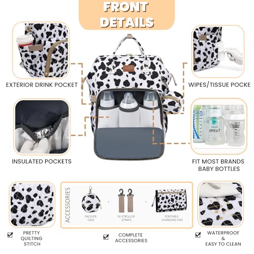 ROSEGIN Diaper Bag Backpack with Changing Pad, Pacifier Case, Baby Bag for Boy Girl Toddler - Large, Stylish, Waterproof Travel Quilted Diaper Bag for Mom - Baby Shower Registry - Cow - color: Cow Print
