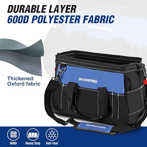 WORKPRO 16-inch Wide Mouth Tool Bag with Water Proof Molded Base | Heavy Duty Cloth Tool Storage Bag, Adjustable Shoulder Strap - color: Black&Blue