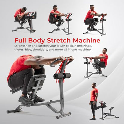 Sunny Health & Fitness Full Body Stretch Machine for Home Gym, Back Stretcher & Flexibility Trainer with Pivoting Seat, Foam Rollers, Safety Straps, Handlebar & SunnyFit App - color: Black