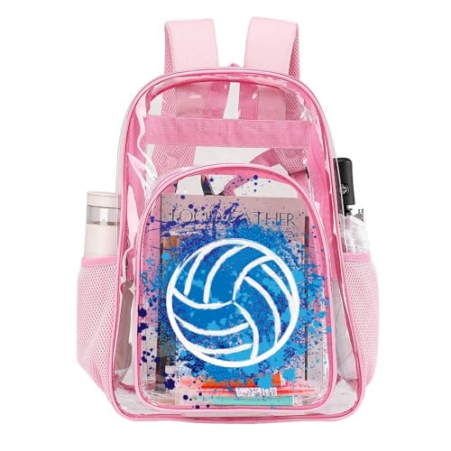 Volleyball Clear Backpack Heavy Duty for Girls Kids Boys Women | Large Cool PVC Volleyball Theme Printing Transparent Backpacks for Schools Stadium Concerts Work - Clear/Pink - color: Volleyball Clear Backpack 2 Pink With Front Pocket