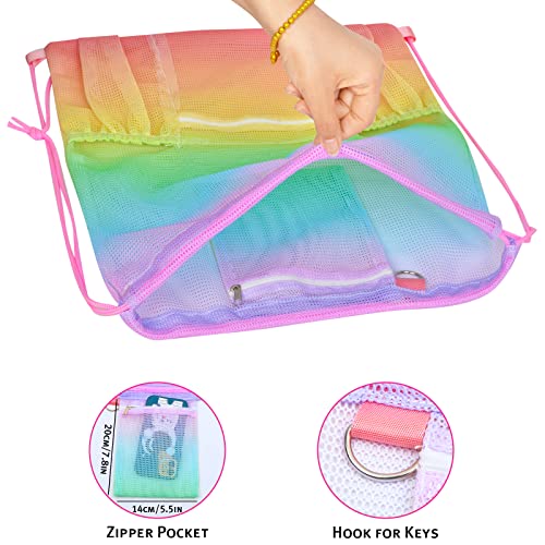 Mesh Drawstring Bag with Zipper Pocket, Beach Bag for Swimming Gear Backpack Gym Storage Bag for Adult - color: Rainbow