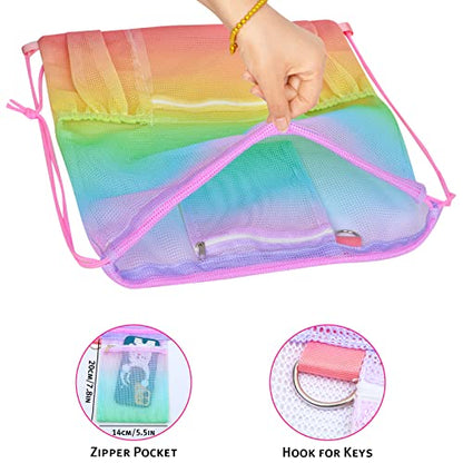 Mesh Drawstring Bag with Zipper Pocket, Beach Bag for Swimming Gear Backpack Gym Storage Bag for Adult - color: Rainbow