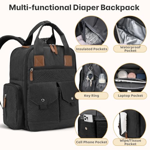 JSTPRO Diaper Bag Backpack with Portable Changing Pad, Black