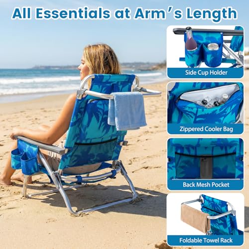 COSTWAY Portable Folding Backpack Beach Chairs Set of 2 with 5-Position Backrest, Padded Headrest, Cup Holder & Ice Bag for Lawn, Poolside (Coconut Blue) - color: Coconut Blue