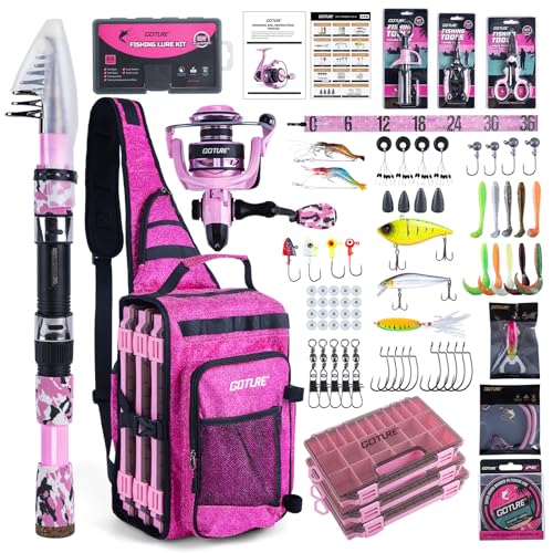 Goture Pink Fishing Rod and Reel Combo - ML Action Spinning Reel Pole with Pink Bag - Telescopic Rod Kit for Starter Travel Saltwater Freshwater, Gift for Woman - color: Pink Pole - Sparkling Sling Bag with 3600 Trays, size: 9FT/2.7M