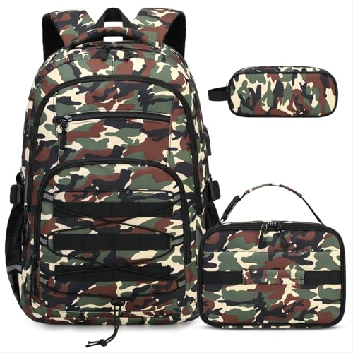 ACESAK Camo Backpack for Boys, Tactical Kids Backpack Boys, School Bags for Boy Children Teens Kids Elementary Middle High School, Military Bookbag and Lunch Bag Pencil Case Set with USB Charging Port - color: Brown Camo