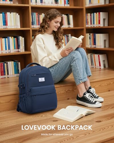 LOVEVOOK Laptop Backpack for Women Teens,College School Backpack with Tumbler Holder,15.6" Computer Bag,14 Pockets,Waterproof - color: Navy, size: 15.6inch