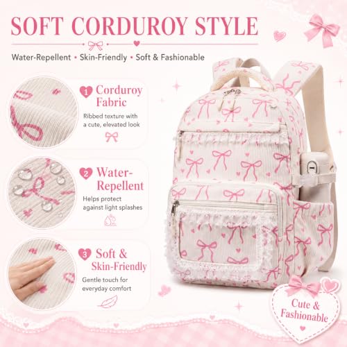 LEDAOU School Backpack for Teen Girls Elementary Middle School Bookbag Kids Backpacks Women Laptop Backpack Travel Daypack (Lace Clear Pocket - Bow Beige) - color: Lace Clear Pocket - Bow Beige