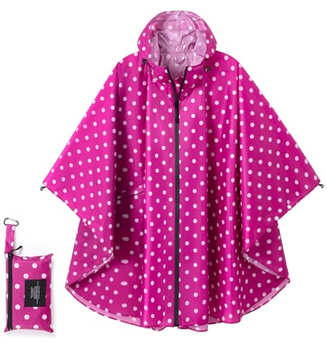 Fashion Hooded Rain Poncho Waterproof Raincoat Jacket with pocket for Women/Men/Adult - color: Rose Red White Point