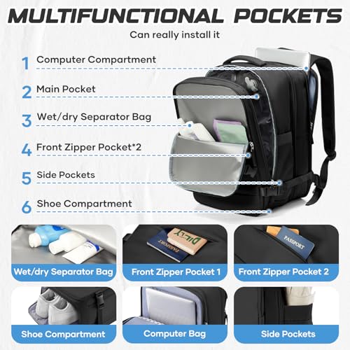 Travel Backpack with Compression Vacuum Storage Bag & Electric Pump, Expandable Flight Approved Carry On Backpack, 18x14x8 inches Personal Item Travel Bag for Men Women, Black - color: Black
