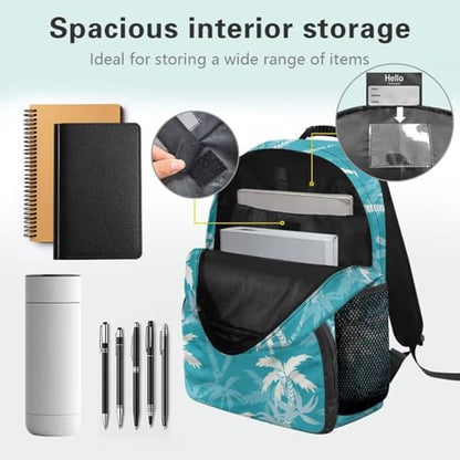Lightweight Backpack for Teen Girls & Boys - School Bag Fit 15.6 Inch Laptop Compartment, 2 Elastic Side Pockets & Front Pockets Organizer (17.3x12.2x5.9in) Coconut Tree Print Blue - color: Coconut Tree Print Blue