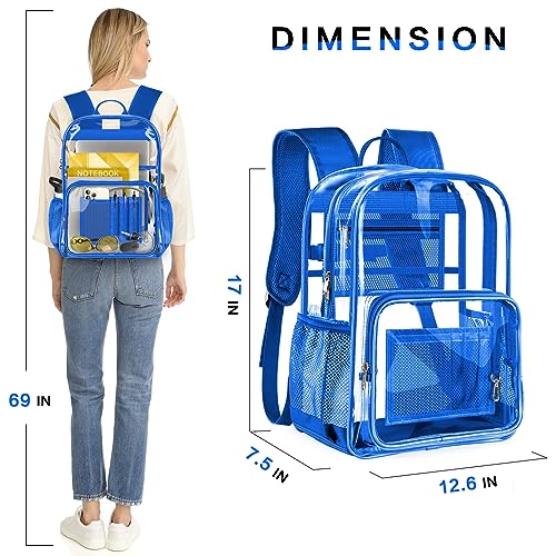 Clear Backpack Heavy Duty Large Transparent Backpack with Reinforced Bottom Multi-pockets for College, Travel, Workplace Security - Blue - color: Blue