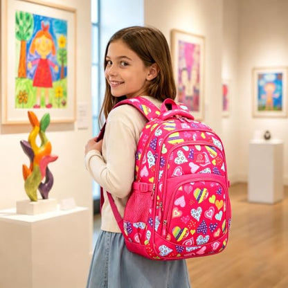 MYGOO Girls School Backpack Grove Heart Magenta Bookbag for Elementary Middle School Ages 5-12, 17 inch Large Capacity 24L Kids Student Travel Bags - color: Grove Heart Magenta