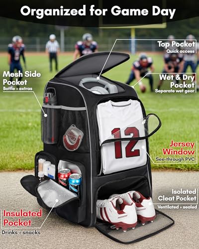 YOREPEK Football Bag Backpack, Extra Large Football Gear Bag with Helmet & Shoulder Pads Holder, Jersey Display Window, Ventilated Shoe Compartment, Football Equipment Bag for Boys Youth Adults