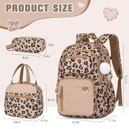 Bevalsa Backpack for Girls 3PCS Teen Girls Backpack for School with Lunch Bag Pencil Case Brown Cute Kids Laptop Backpacks Bookbag for Elementary Middle High School College Student (Leopard) - color: Brown Leopard