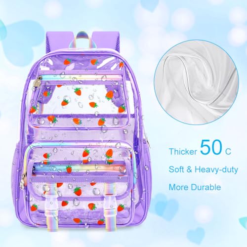 KLFVB Clear Bookbag Heavy Duty, 3PCS Girls See Through School Bag Set, Cute Transparent Backpack for Women - Strawberry Purple - color: Strawberry Purple Clear Backpack