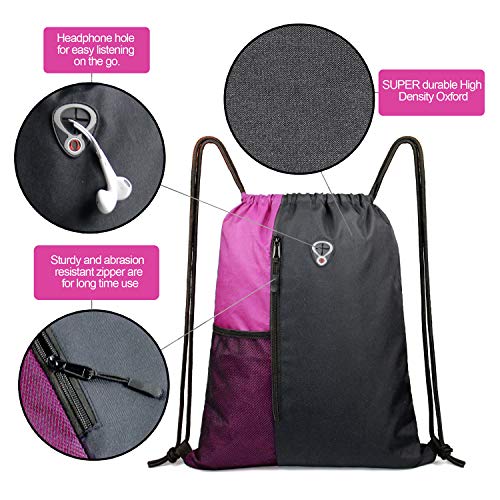 BeeGreen Sports Bag Drawstring Backpack With Water Bottle Pocket &Front Zippered Pocket Large String Bag Pack For Men Women - color: Black/Pink, style: Drawstring With Mesh Pocket