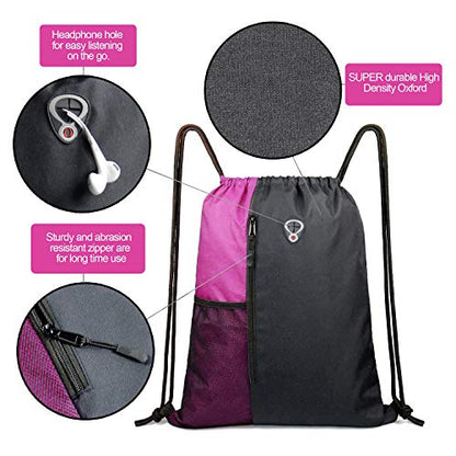 BeeGreen Sports Bag Drawstring Backpack With Water Bottle Pocket &Front Zippered Pocket Large String Bag Pack For Men Women - color: Black/Pink, style: Drawstring With Mesh Pocket