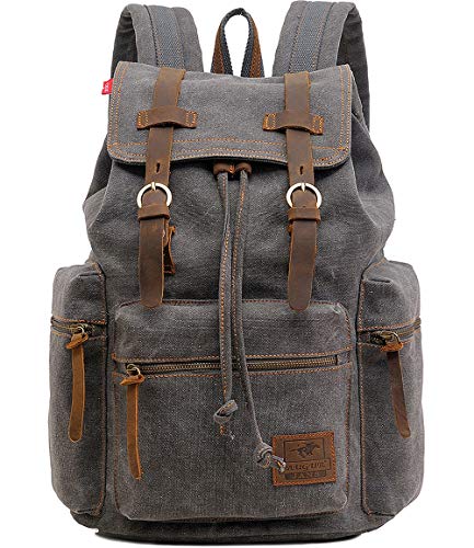 HuaChen Vintage Canvas Travel Backpack with Leather Trim, Laptop Padded Sleeve, Hidden Back Security Pocket, Fits 15-Inch, M32 Gray Large - color: Gray, size: Large