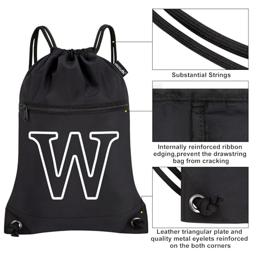 HOLYLUCK Drawstring Bags Initial Backpack Sackpack Cinch Bags for Sports, Gym, Travel, Beach (Black-W) - color: Black-w