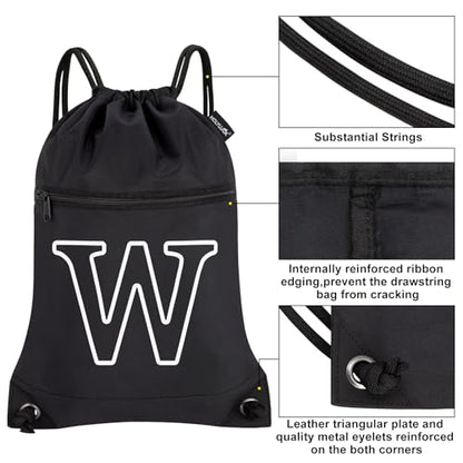 HOLYLUCK Drawstring Bags Initial Backpack Sackpack Cinch Bags for Sports, Gym, Travel, Beach (Black-W) - color: Black-w
