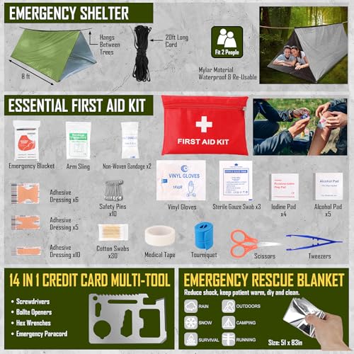 Survival Kit, 268 Pcs Emergency Survival Gear and Equipment Supplies with First Aid Kit, Camping Axe, Headlamp, Crossbody Bag for Camping Hiking, Hunting, Gift for Christmas Men, Dads, - color: Green