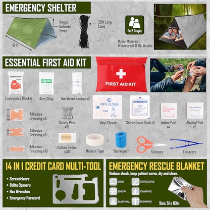 Survival Kit, 268 Pcs Emergency Survival Gear and Equipment Supplies with First Aid Kit, Camping Axe, Headlamp, Crossbody Bag for Camping Hiking, Hunting, Gift for Christmas Men, Dads, - color: Green