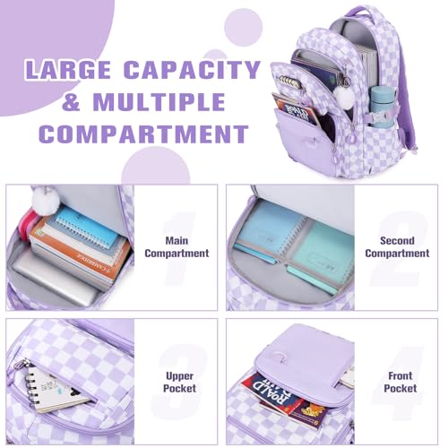 Bevalsa Backpack for Girls 3PCS Teen Girls Backpack for School with Lunch Bag Pencil Case Purple Cute Kids Laptop Backpacks Bookbag for Elementary Middle High School College Student (Checkerboard) - color: Purple Checkerboard