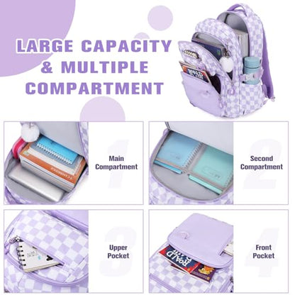 Bevalsa Backpack for Girls 3PCS Teen Girls Backpack for School with Lunch Bag Pencil Case Purple Cute Kids Laptop Backpacks Bookbag for Elementary Middle High School College Student (Checkerboard) - color: Purple Checkerboard